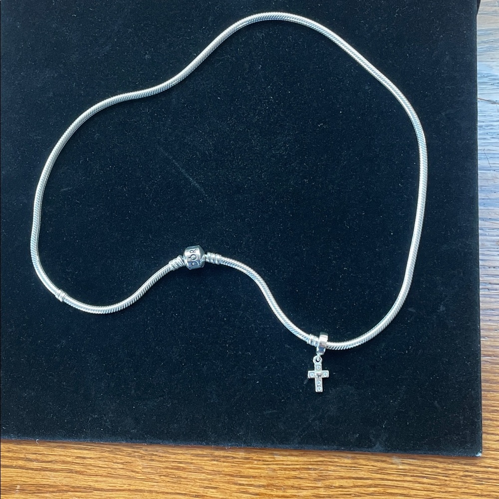 Pandora Sterling Silver Chain w/ rhinestone Cross Charm Sterling Silver